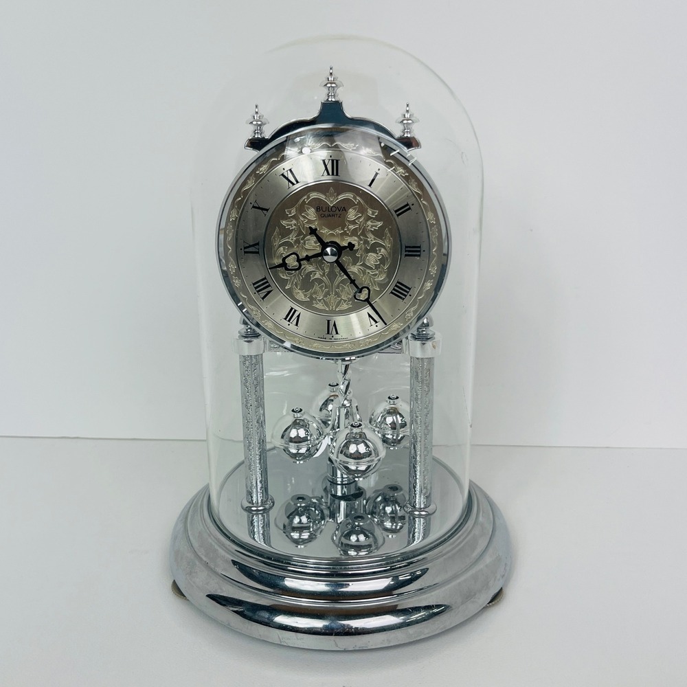 Bulova Anniversary Clock Silver Torsion Pendulum Glass Dome Quartz Germany Parts